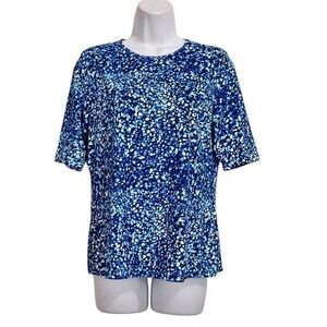 Lands End Top Womens Medium Blue Muti‎ Short Sleeve Floral Swim T-Shirt UPF50+